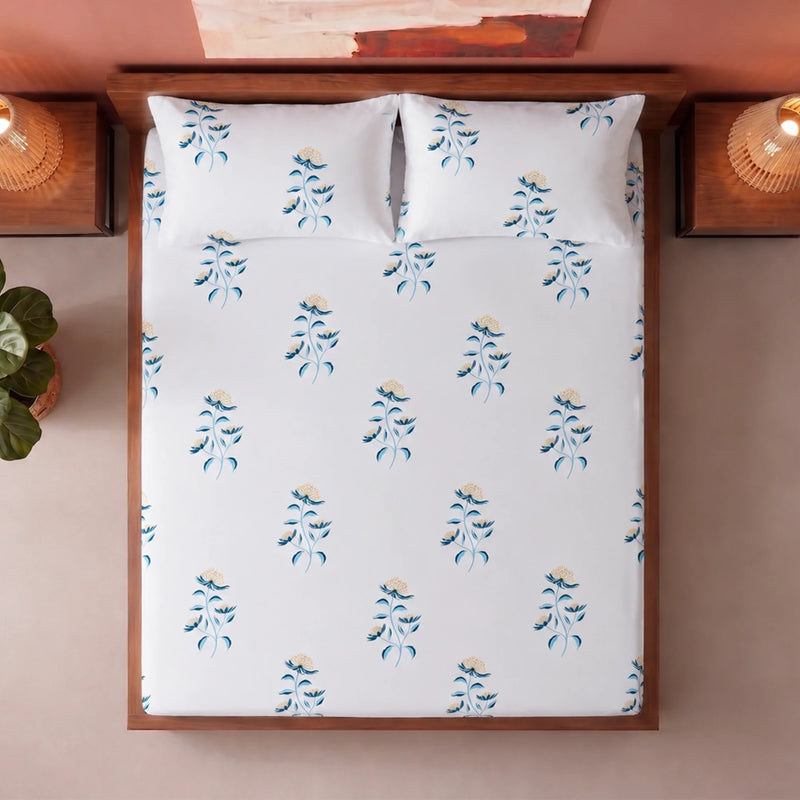 Wild Grace Flower - Floral Fitted Sheet (Turquoise & Blue)-5