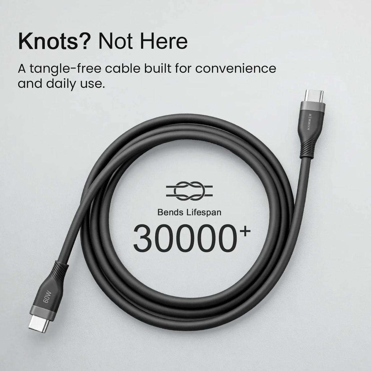 Hammer Type C to Type C Cable 60W Silicone Cable, Data Sync, Tangle Free, Compatible with all C-Type Devices (Black)-6