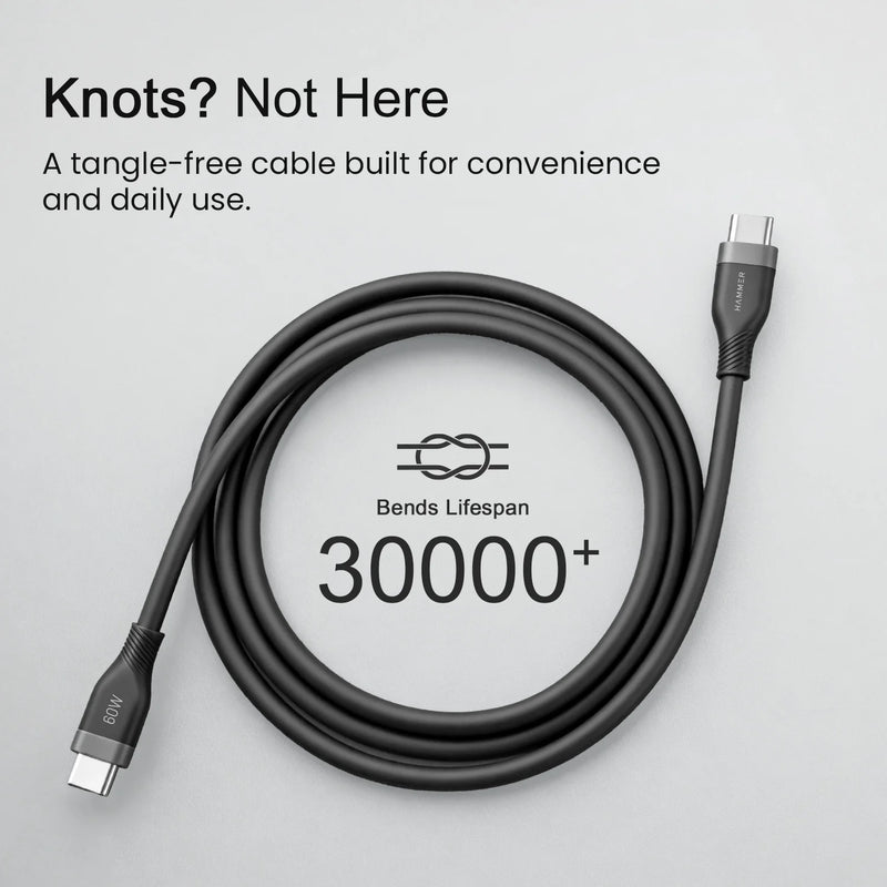Hammer Type C to Type C Cable 60W Silicone Cable, Data Sync, Tangle Free, Compatible with all C-Type Devices (Black)-6