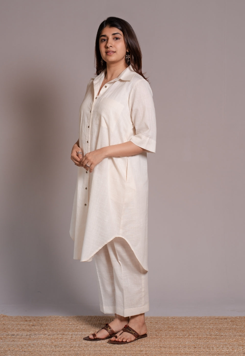 Off White Solid Slub Cotton Straight Co-Ord Set- DyeVerse