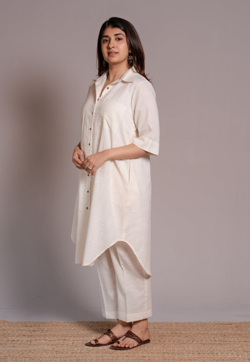 Off White Solid Slub Cotton Straight Co-Ord Set- DyeVerse