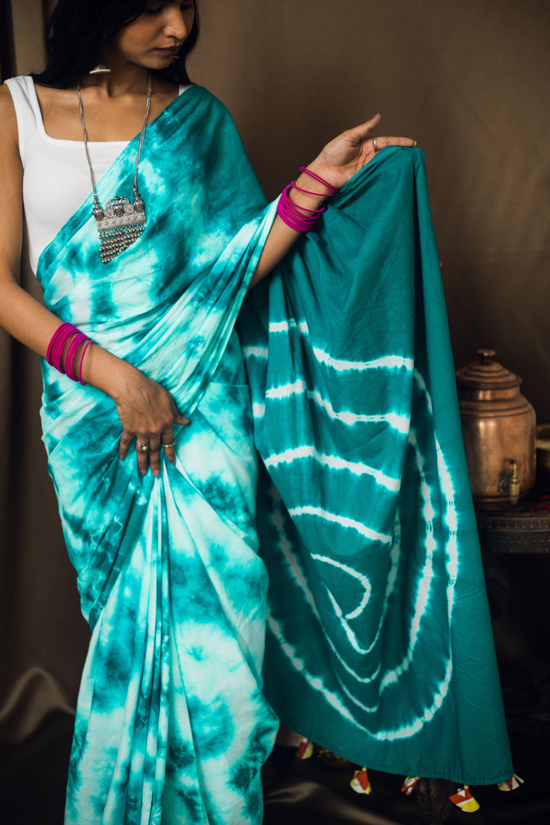 Cotton Mul Tie Dye Saree Mint Masala-5