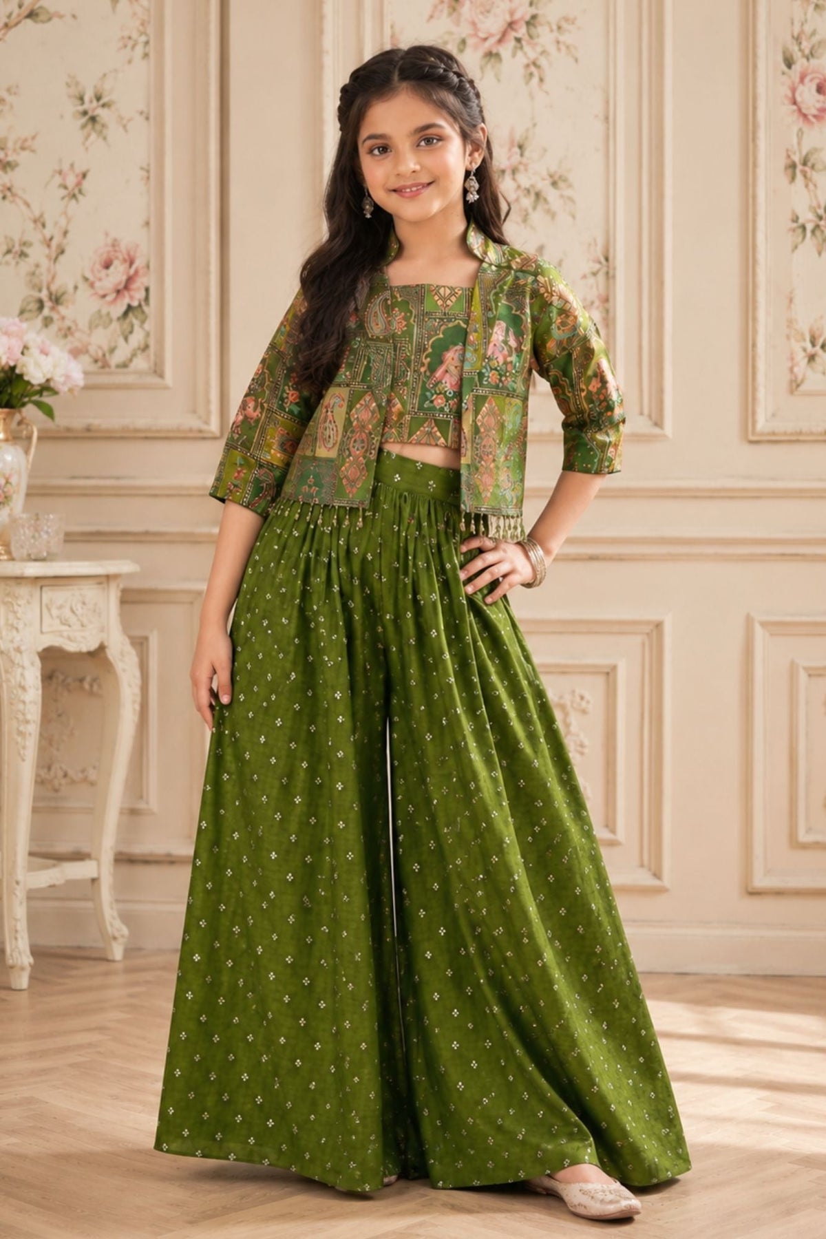 Girls Olive Green Printed Palazzo Set with Jacket and Palazzo Pants