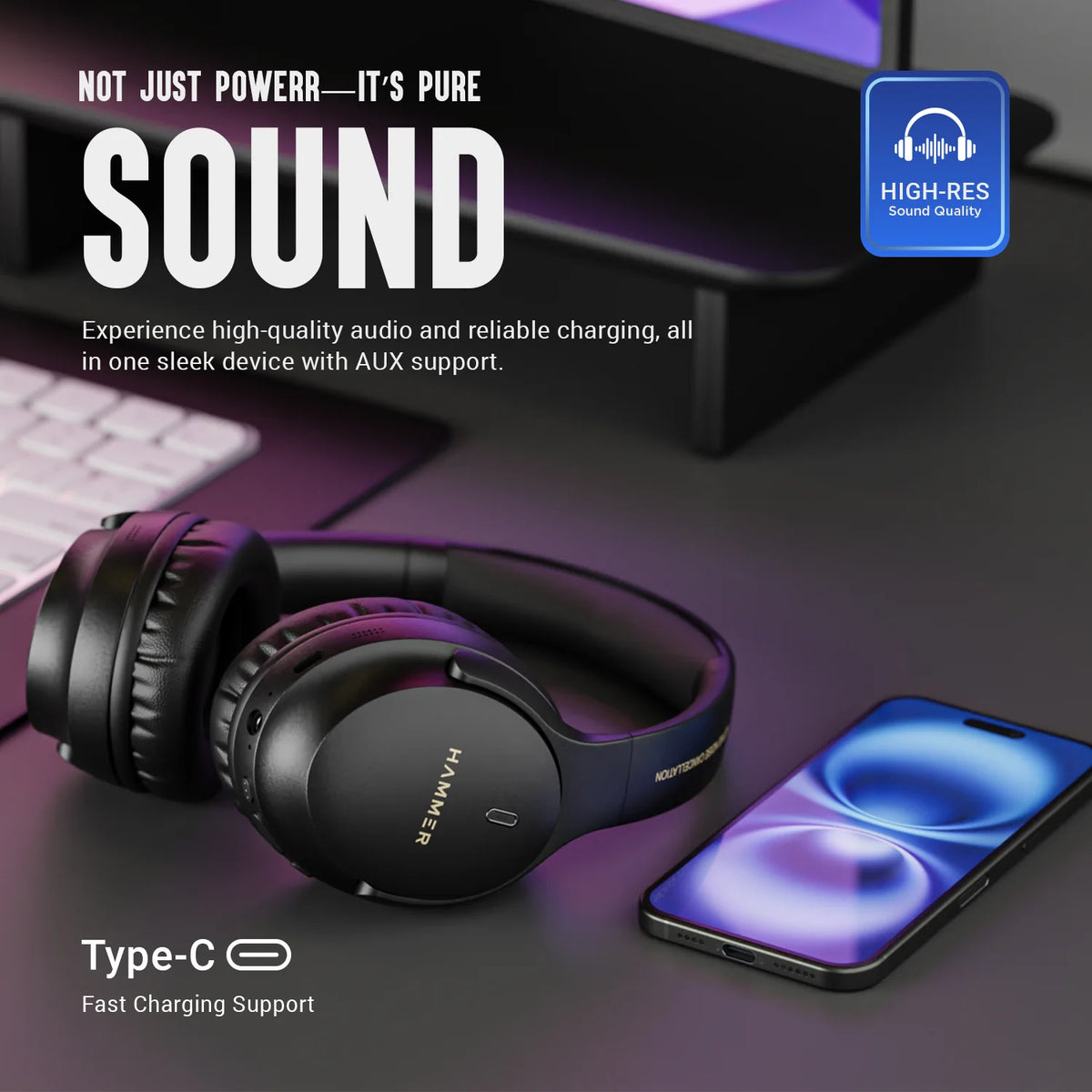 Hammer Bash Vivid ANC Wireless Bluetooth Over-Ear Headphones with 23 dB 70h Playtime, Type-C Fast Charging, Foldable Black-9
