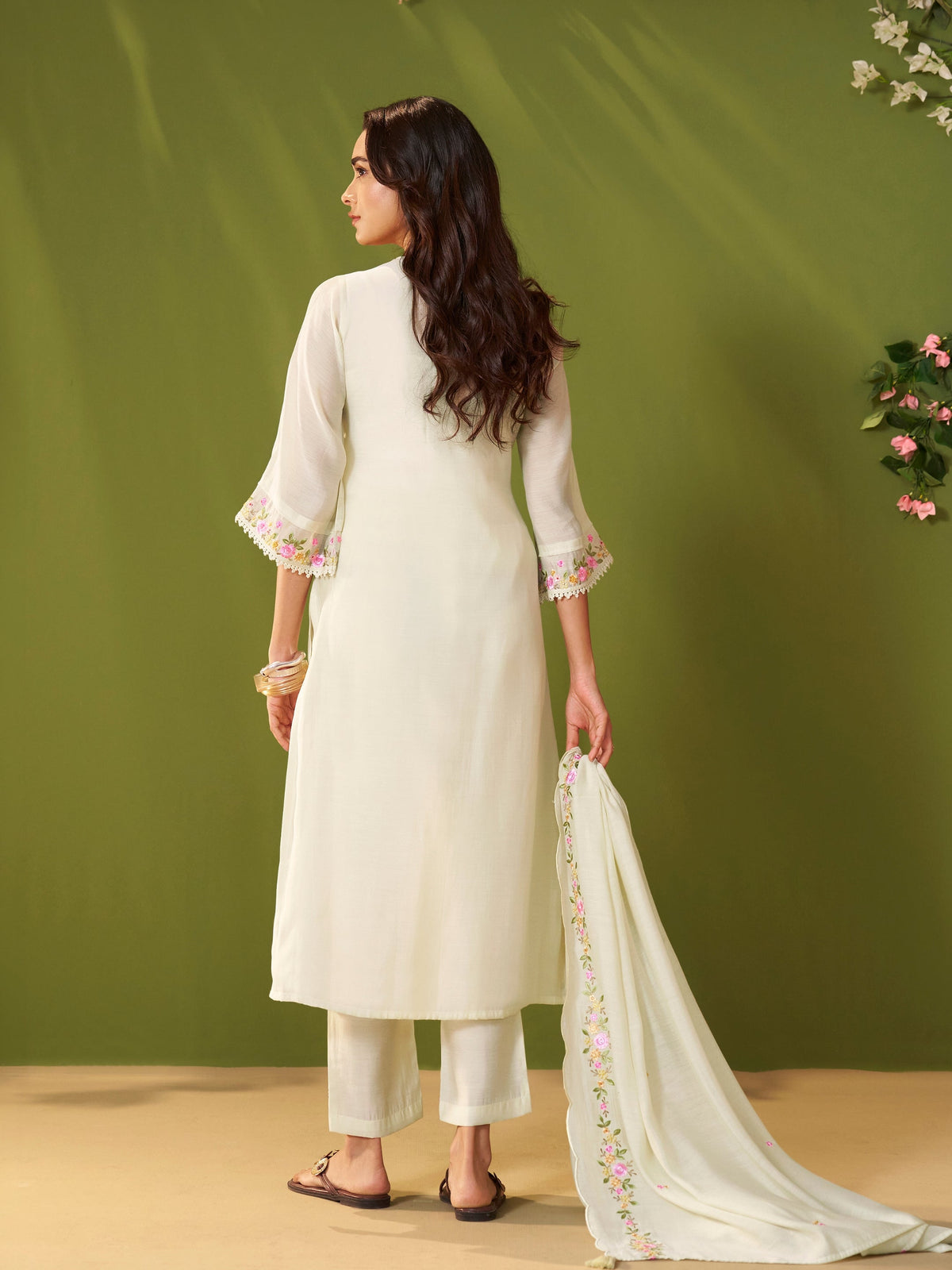 Komal White Mul Chanderi Suit Set