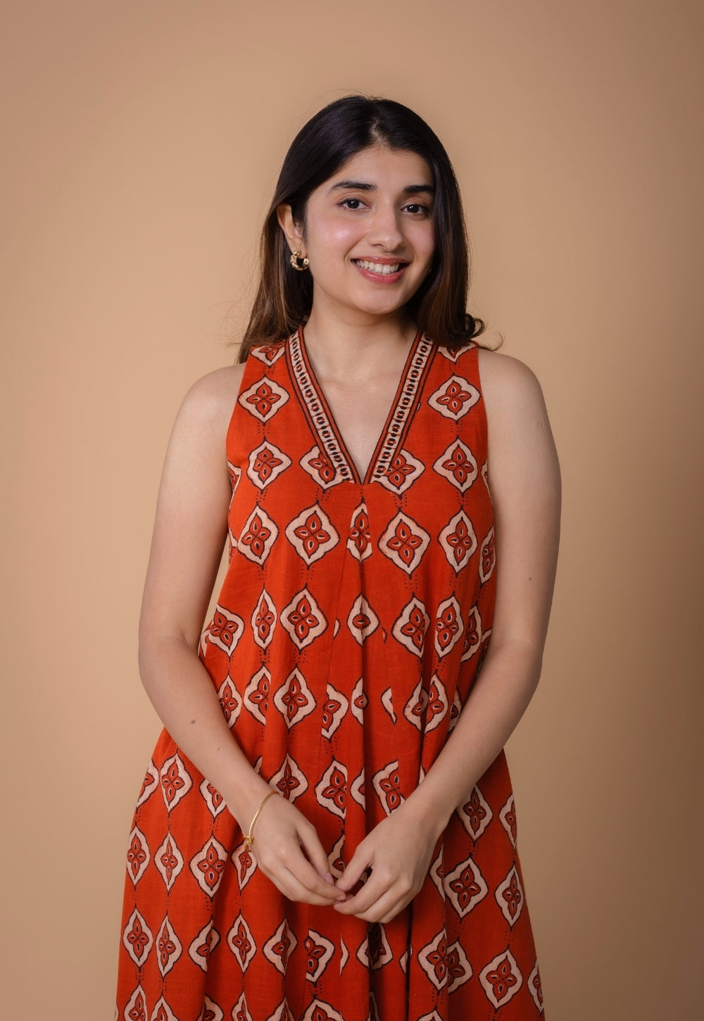 Arisha Orange Dabu Slub Cotton A Line Dress