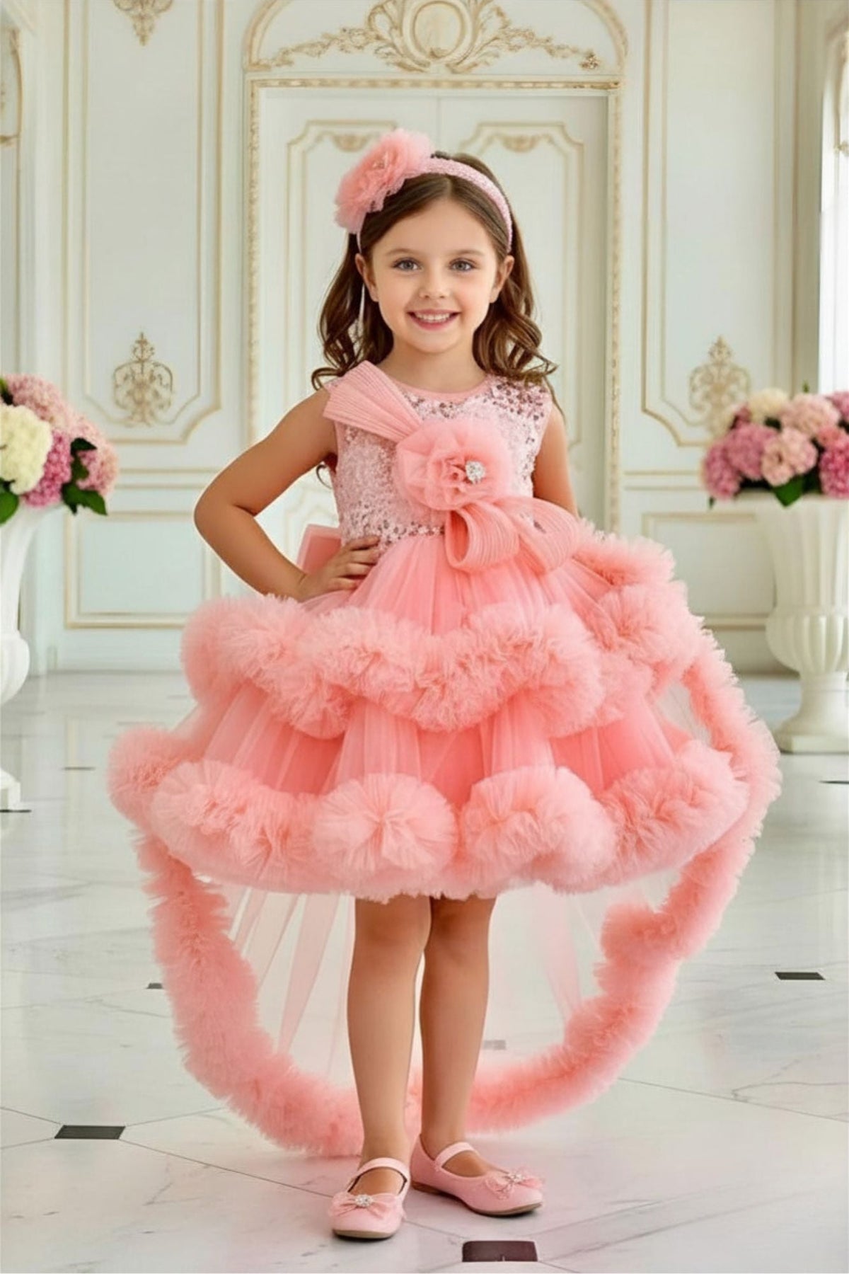 Girls Peach Sequin Embellished Party Frock with Tulle Layers and Floral Detail