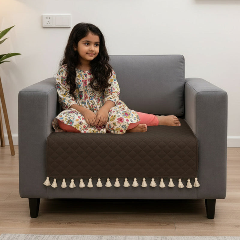 Quilted Velvet Sofa Cover with Tassels (Brown)-3