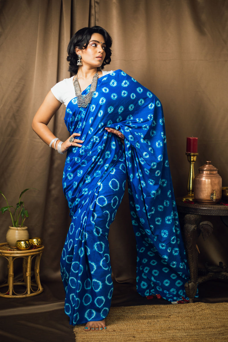 Cotton Mul Tie Dye Saree Blue Bindu-5