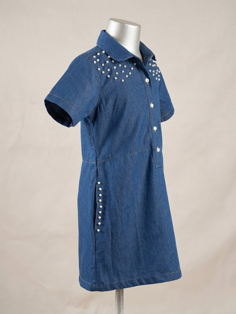 Pearl Stud Denim Shirt Dress