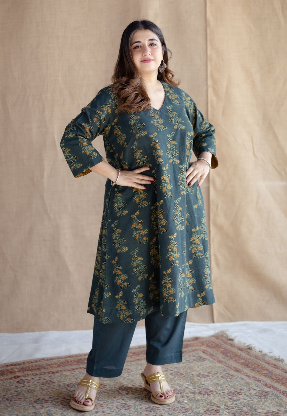 Sayali Green Ajrakh Cotton A Line Kurta with Hand Embroidery