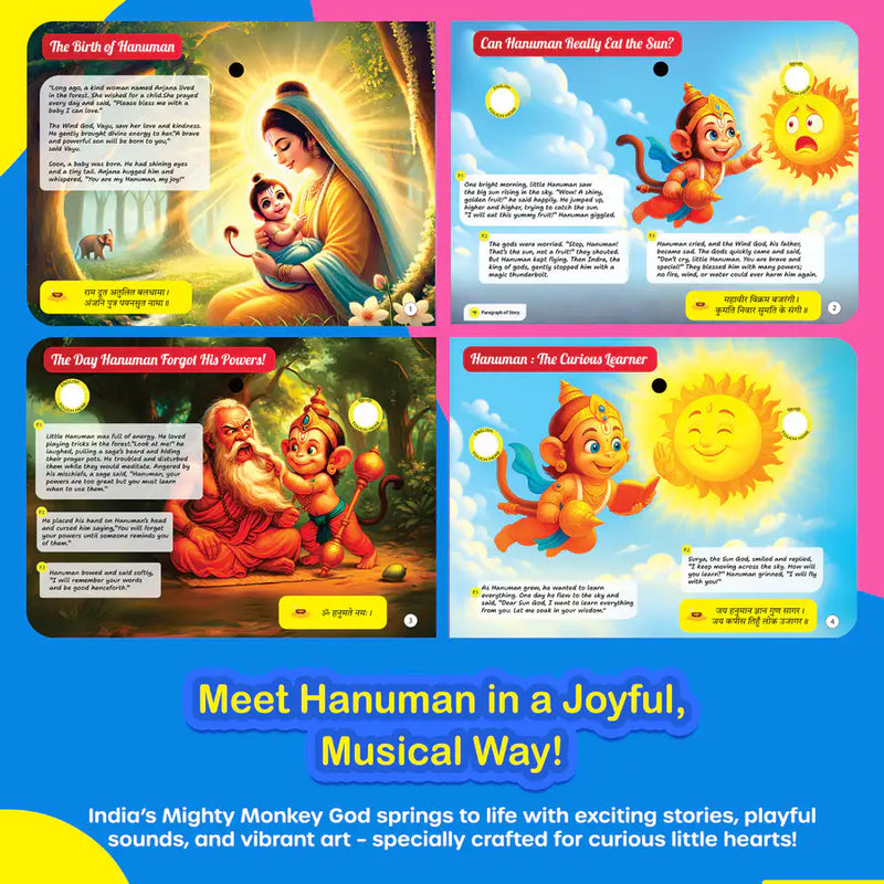 Hanuman Musical Story Book (3–15 Yrs) | Hindi & English Audio | Stories + Shlokas + Chalisa | Teach Courage, Devotion & Sanskar to Kids