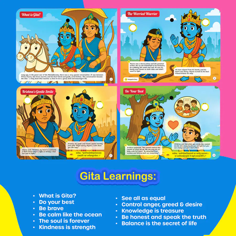 Gita Musical Story Book (3–15 Yrs) | Hindi & English Audio | Gita Shlokas + Easy Meaning+Life Lessons | Teach Dharma, Karma & Values to Kids