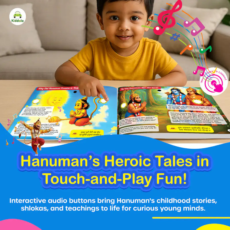 Hanuman Musical Story Book (3–15 Yrs) | Hindi & English Audio | Stories + Shlokas + Chalisa | Teach Courage, Devotion & Sanskar to Kids