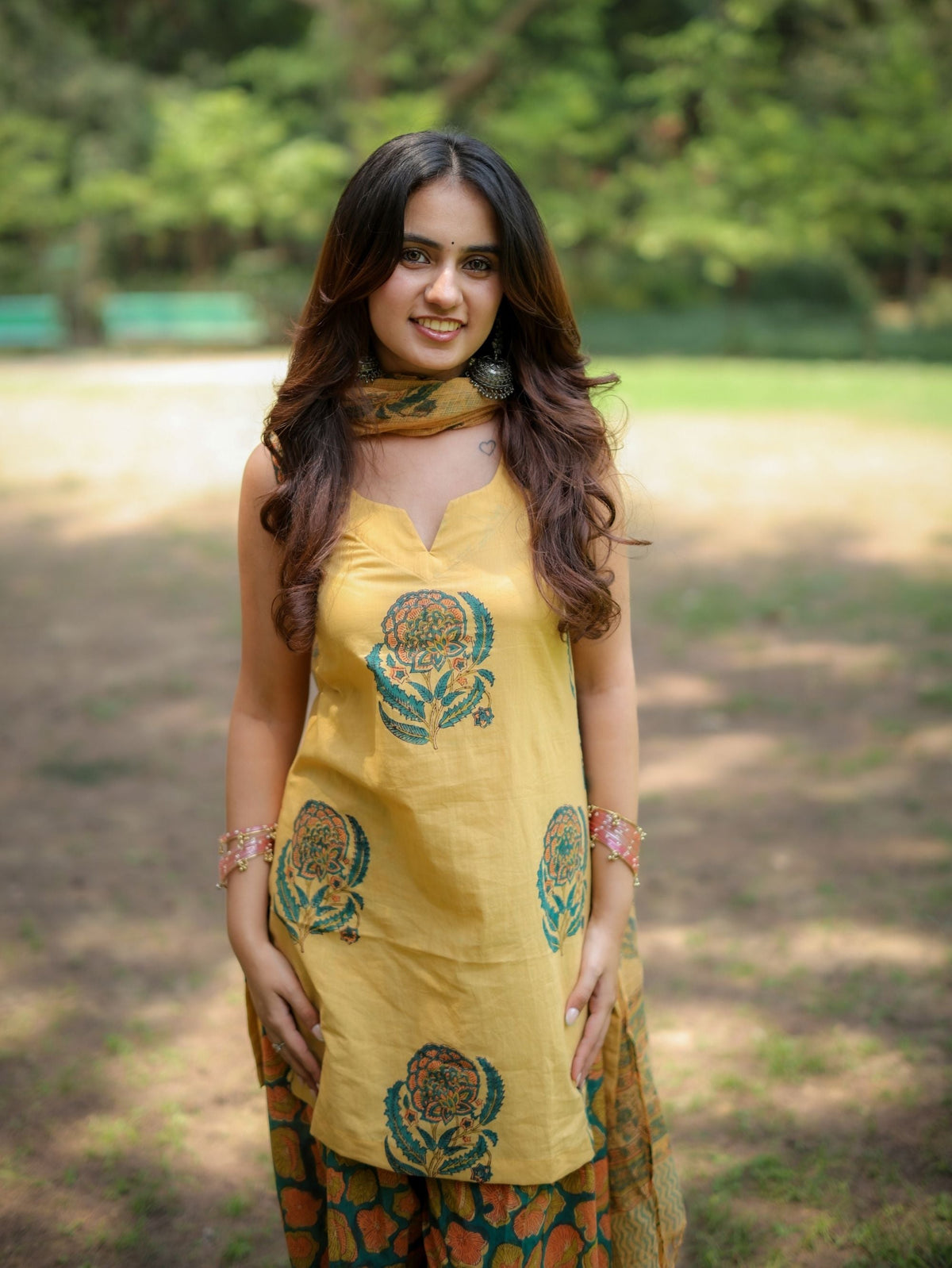 Citrus Kiss Handblock Farshi Salwar Set with Kota Doriya Dupatta
