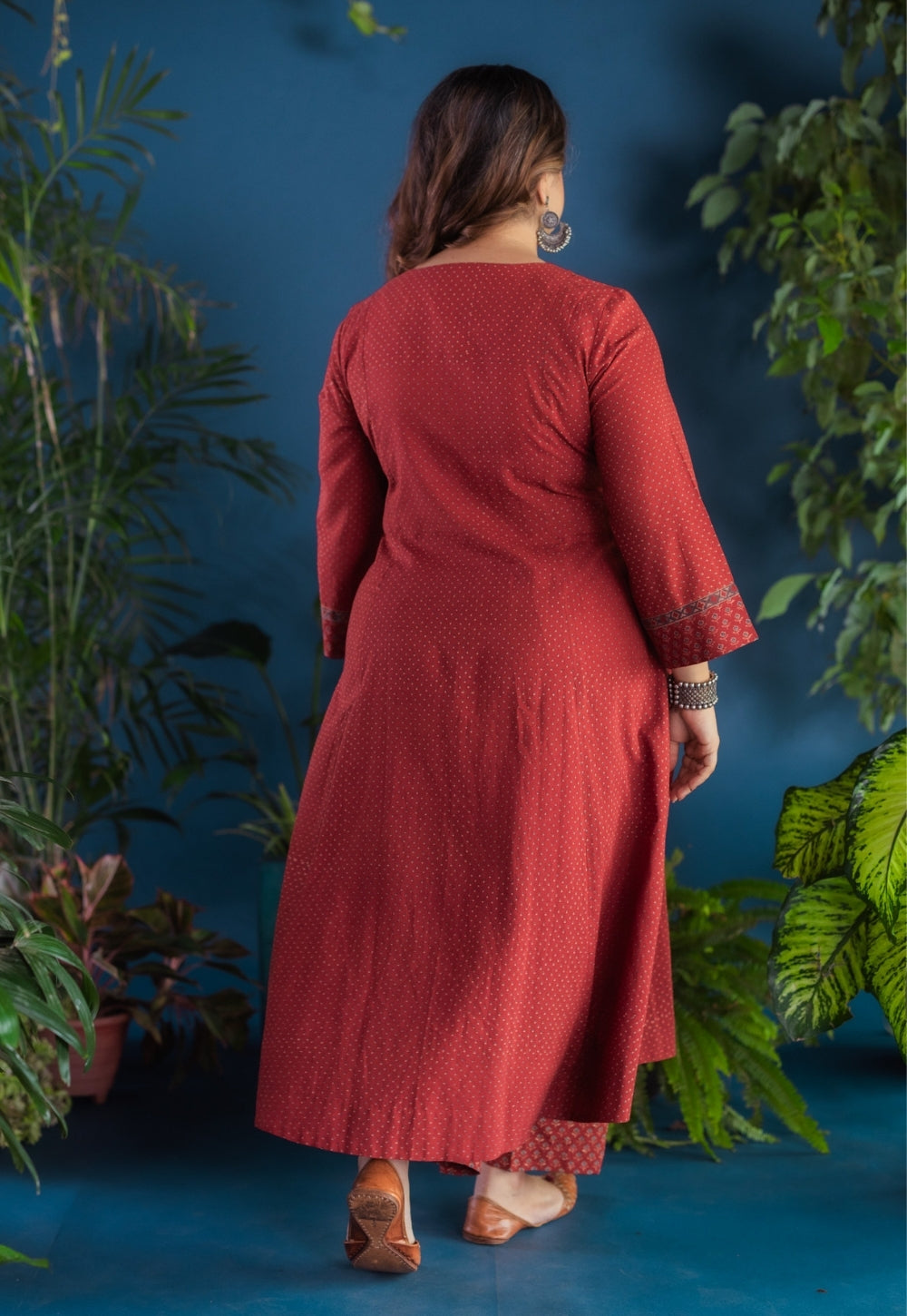 Fariha Red Ajrakh Cotton Kali Kurta with Hand Embroidery