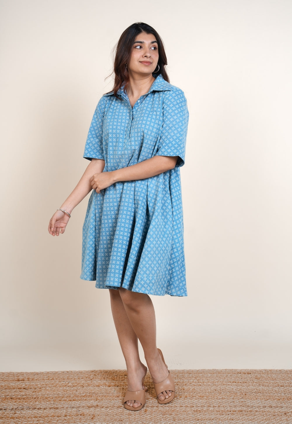 Srisha Blue Ajrakh Cotton A Line Dress