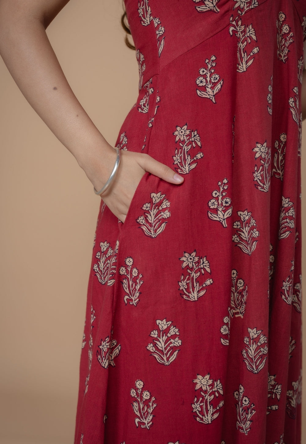 Sanyukta Red Dabu Slub Cotton A Line Dress