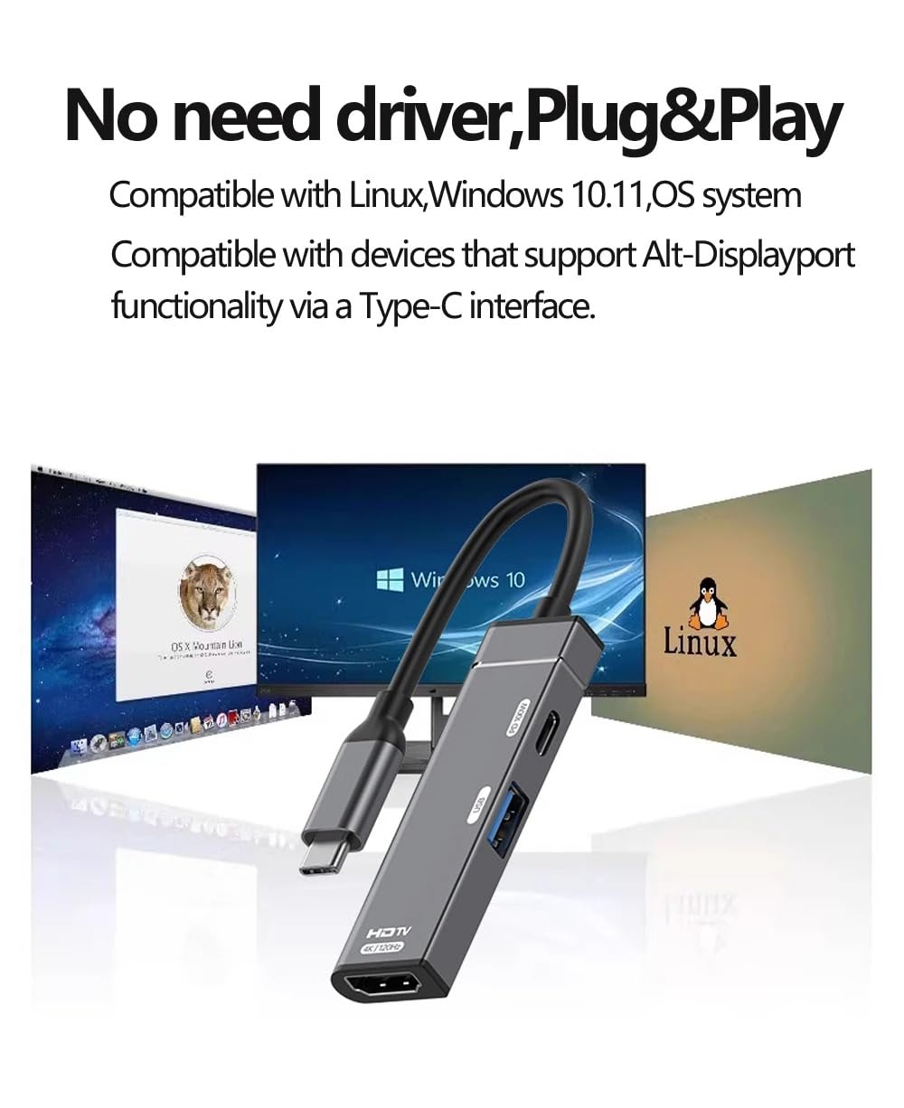WISTAR WISTAR 3 in 1 USB C Hub Type-c to 4K 120HZ HDMI-Compatible USB3.0 Data 100W PD Type-c Charging Adapter USB-C Docking Station - image 3