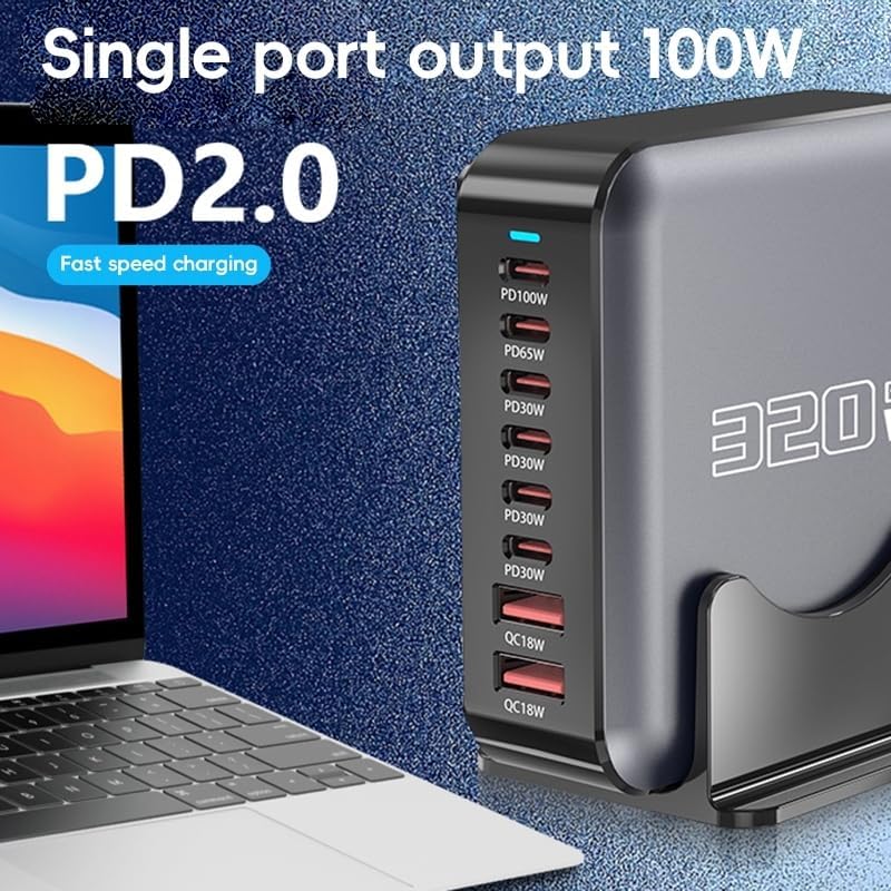 WISTAR WISTAR 320W GaN 8-Port USB C Charger Station, 100W PD Fast Charging Hub with 6 USB-C & 2 USB-A, Desktop Charger for MacBook, iPhone 16 Pro Max, iPd, Samsung, Steam Deck, EU Plug - image 7