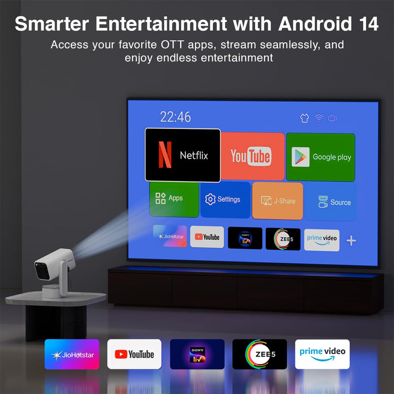 XElectron Techno Android 14 Smart Home Theater Movie HD Projector, 1080P & 4K Support, Inbuilt Speaker, Rotatable, Electric Focus, Auto & 4D Keystone with Built-in Apps, WiFi & BT, Screen Mirroring