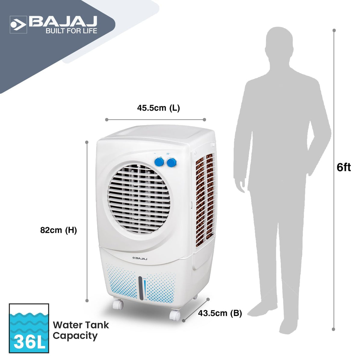 Bajaj PMH 36 Torque 36L Personal Air Cooler For Room | Duramarine Pump With 2-Yr Pump Warranty | 3-Yr Warranty (1 Yr Std + 2 Yr Extn) | Turbofan Technology | Powerful Air Throw 【White】