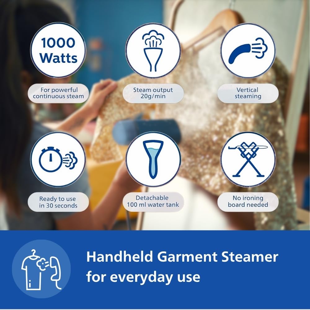 PHILIPS PHILIPS STH3000/20 Garment Steamer Perfect Rakhi Gift - Compact & Foldable, Convenient Vertical Steaming, 1000 Watt Quick Heat Up, up to 20g/min, Kills 99.9%* Bacteria (Reno Blue) - image 3