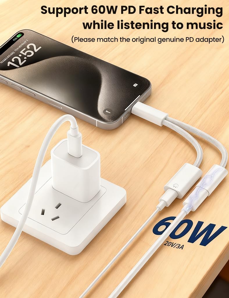 WISTAR WISTAR 2-in-1 USB C to Ligh/tning Headphone Audio Adapter with 60W Charge for iPhone 16 15 Pro Max,Male USB-C to for Light/ning Earphone Converter with Type C Fast Charge Splitter for iPad 10 - image 2