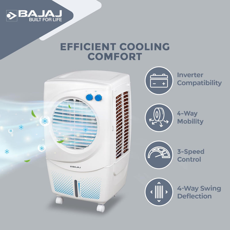 Bajaj PMH 36 Torque 36L Personal Air Cooler For Room | Duramarine Pump With 2-Yr Pump Warranty | 3-Yr Warranty (1 Yr Std + 2 Yr Extn) | Turbofan Technology | Powerful Air Throw 【White】