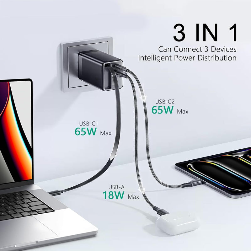 WISTAR USB C Charger 65W with 70cm Retractable Charging Cable, 3 Port PD PPS Fast Charger, GaN Power Supply with Type C and USB-A Compatible for MacBook Pro/Air, Galaxy S-A, iPhone 16-8 - image 4