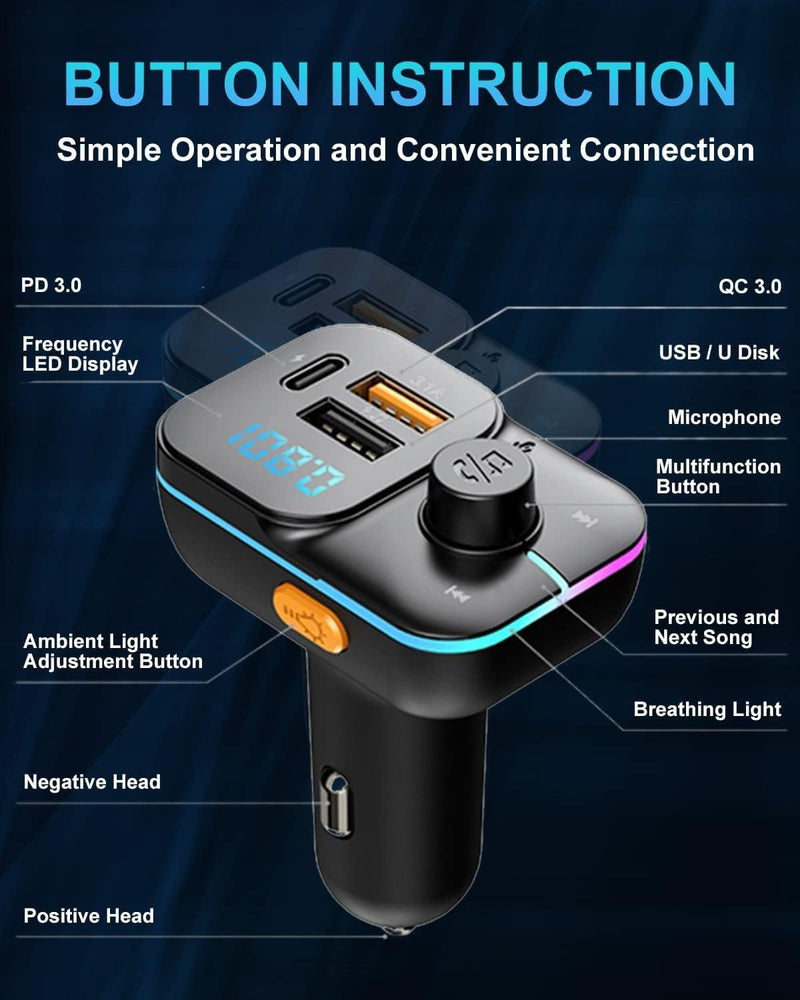 WISTAR FM Transmitter Bluetooth Car Fast Charger Adapter, Bluetooth 5.3 Car Adapter, QC3.1 & Type-C USB Car Charger Ports, Hands-Free Calling, Display TF Card USB Music Player (Black) - image 6