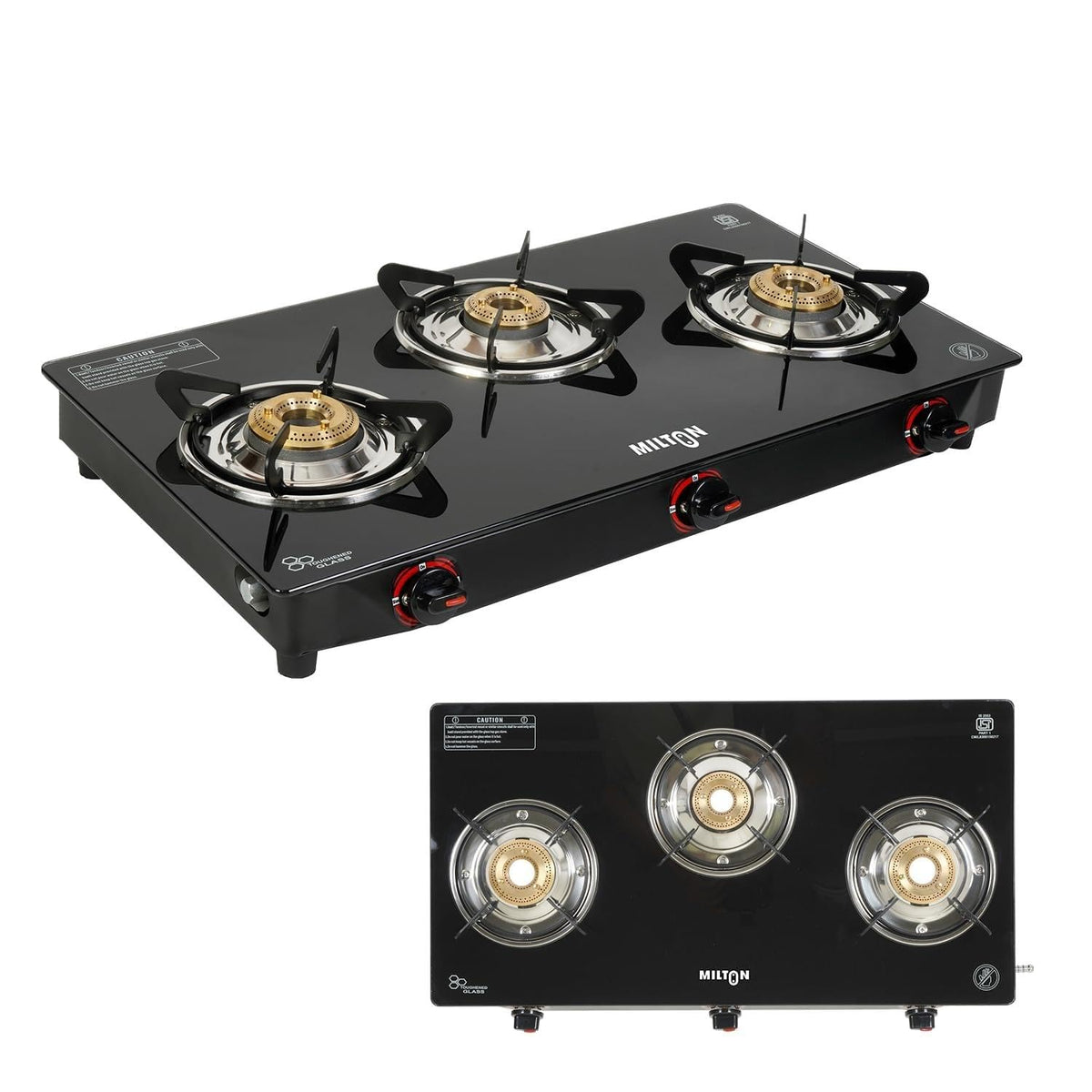 MILTON MILTON Premium 3 Burner Black Manual Ignition Glass Top Gas Stove, (ISI Certified) - image 1