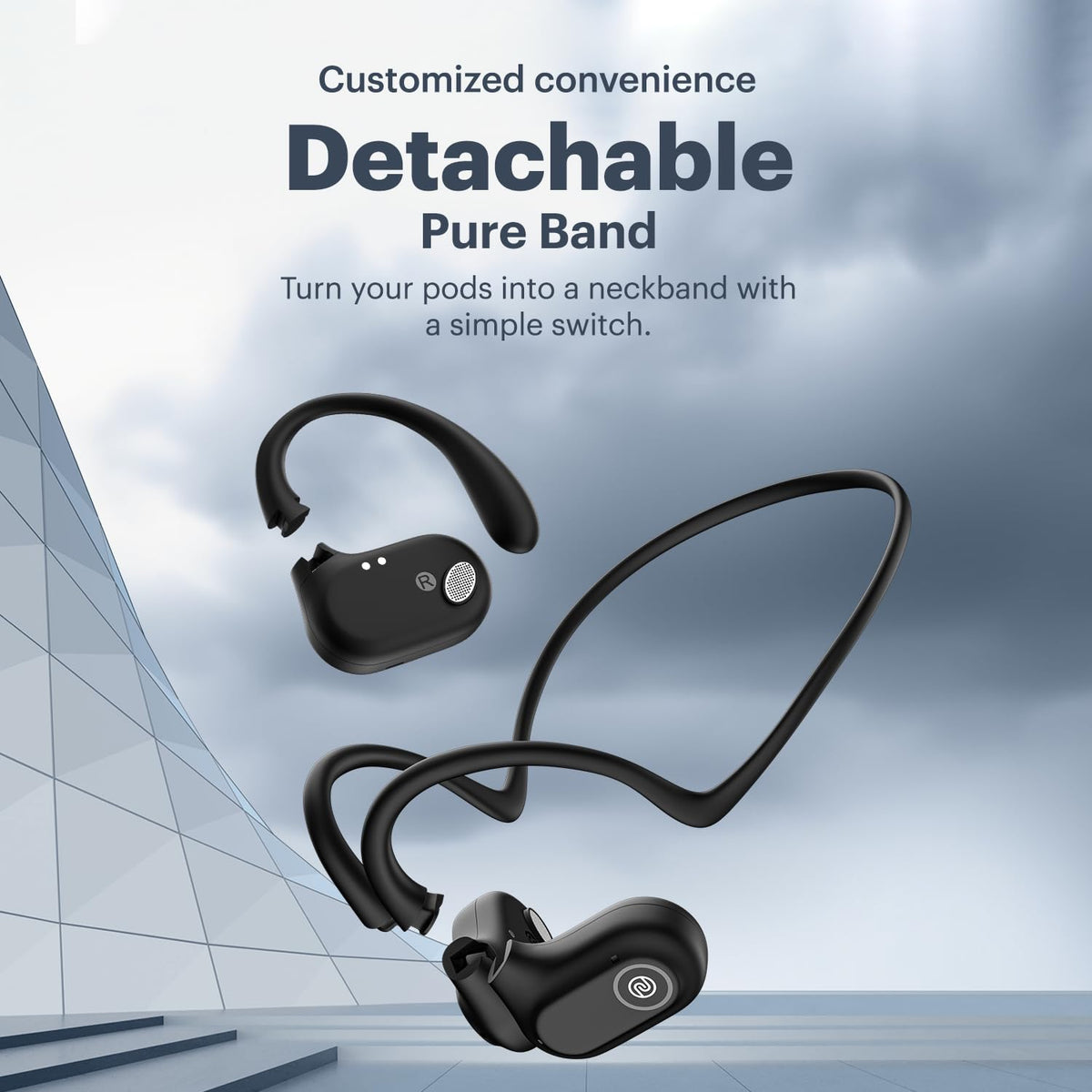 Noise Noise Pure Pods Wireless Open Ear Earbuds with AirWave™ Technology,Up-to 80H Playtime,Quad Mic with ENC,16mm Neodymium Dynamic Driver,Detachable Pure Band,BTv5.3 (Power Black) - image 7