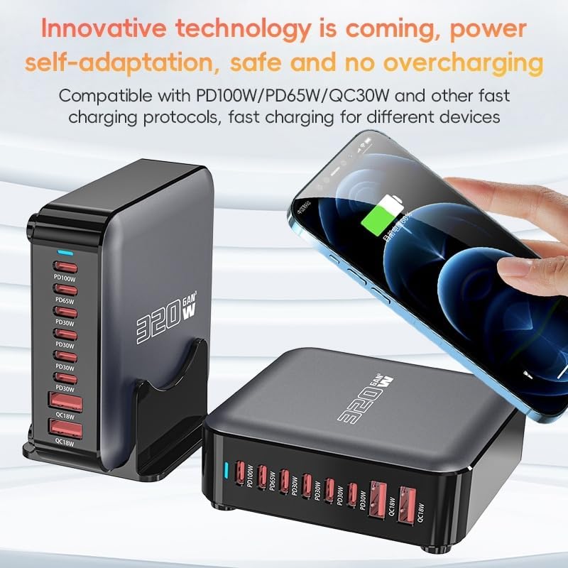 WISTAR GaN USB C Charger Block, 8-Port Desktop Charging Station, 100W PD Laptop Charger, 6 USB-C & 2 USB-A Fast Charger for MacBook, iPhone 16/15,Pro, Samsung Galaxy, EU Plug 320W - image 5