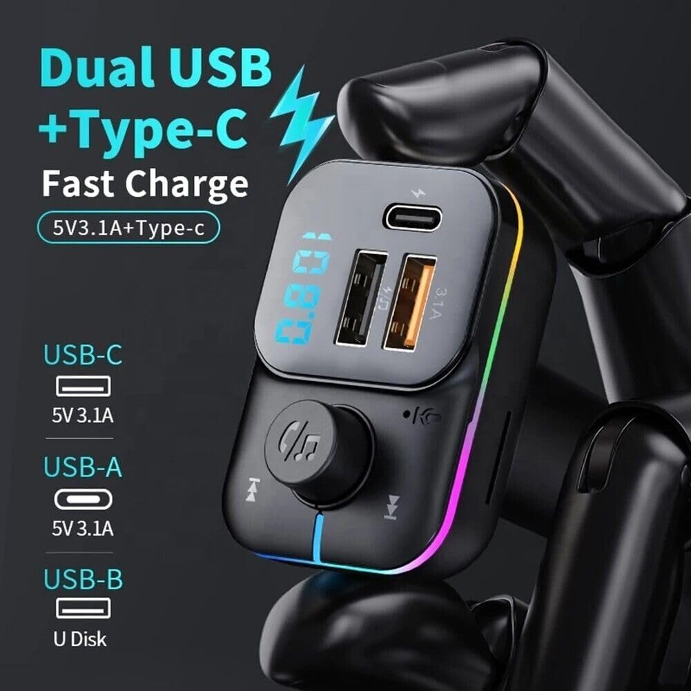 WISTAR FM Transmitter Bluetooth Car Fast Charger Adapter, Bluetooth 5.3 Car Adapter, QC3.1 & Type-C USB Car Charger Ports, Hands-Free Calling, Display TF Card USB Music Player (Black) - image 3