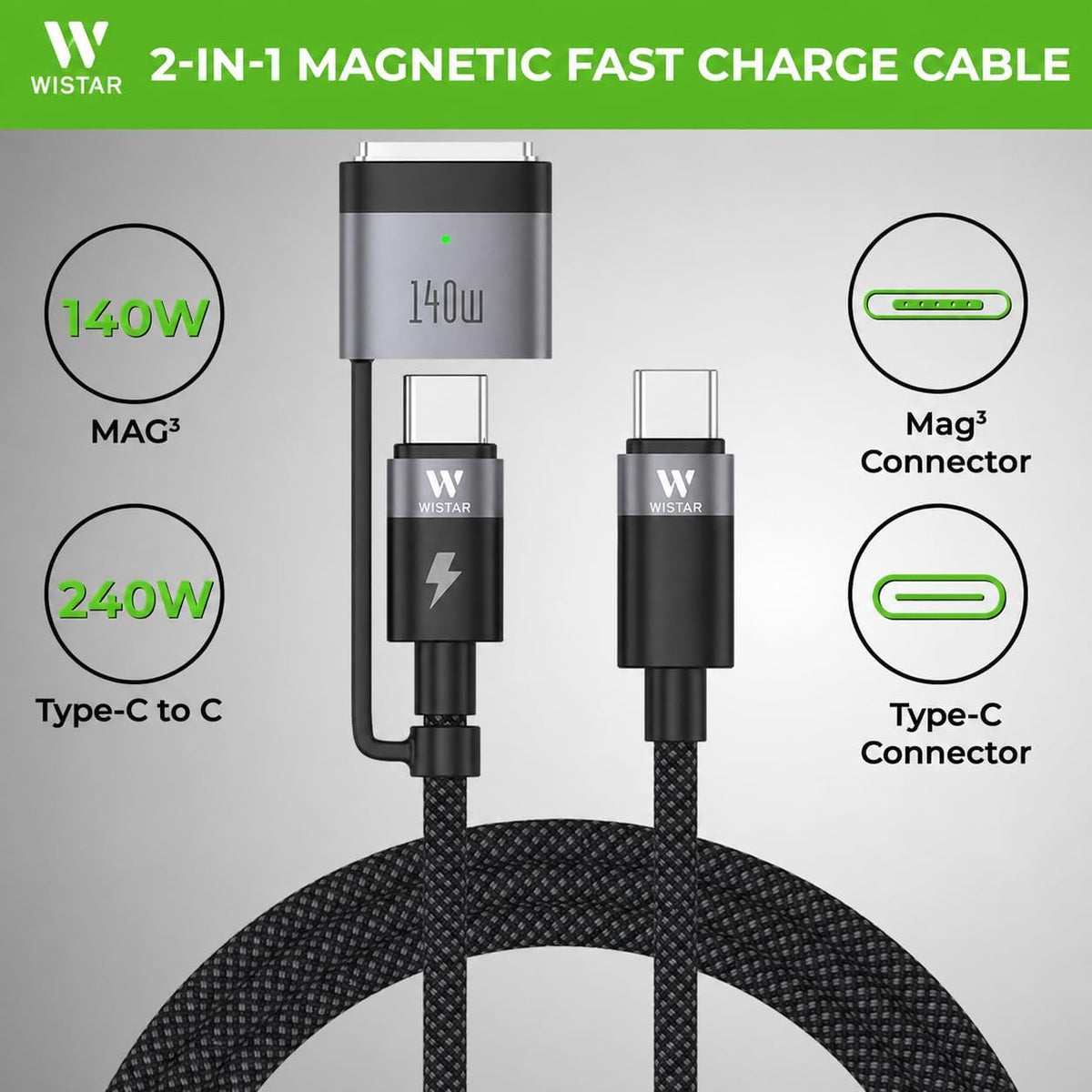 WISTAR WISTAR 140W USB-C to USB-C and Mag3 Magnetic Charging Cable, 2-in-1 PD 3.1 Fast Charger Cable for MacBook Air/Pro, iPhone 15/16, iPad, Samsung & Type-C Devices - image 4