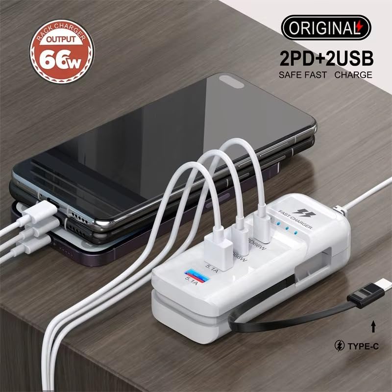 WISTAR WISTAR 66W USB Hub Charging Station 2-USB & 2-PD Ports Safe Fast Charger with Type-C Cable, Multi-Device USB C Charging Hub, Durables USB Fast Charging Desktop Charger for Phone, Tablet - image 3