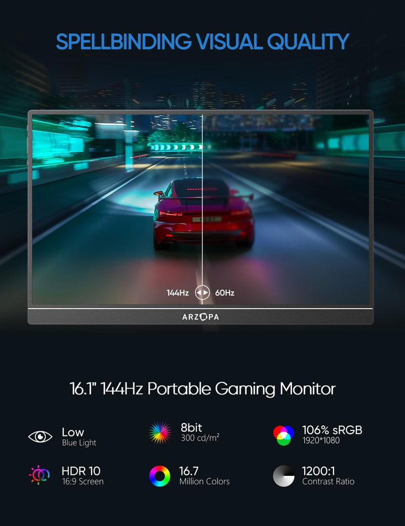 ARZOPA 16.1''144Hz Portable Monitor, 106% sRGB FHD 1080P Kickstand Portable Gaming Monitor with Speaker HDR, Ultra Slim, Eye Care Screen for Laptop, PC, Mobile,PS5, MacBook- USB C & HDMI Connectivity
