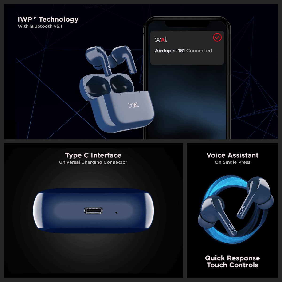 boAt Airdopes 161 TWS Earbuds with ASAP™ Charge, 17H Playtime, IWP™, Immersive Audio, IPX5, Touch Controls(Cool Sapphire)