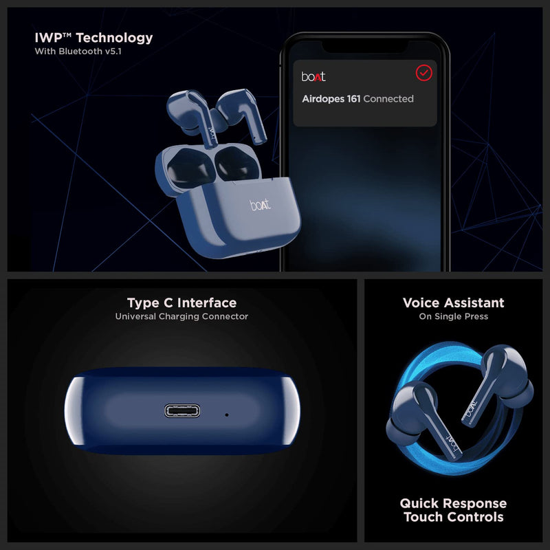 boAt Airdopes 161 TWS Earbuds with ASAP™ Charge, 17H Playtime, IWP™, Immersive Audio, IPX5, Touch Controls(Cool Sapphire)