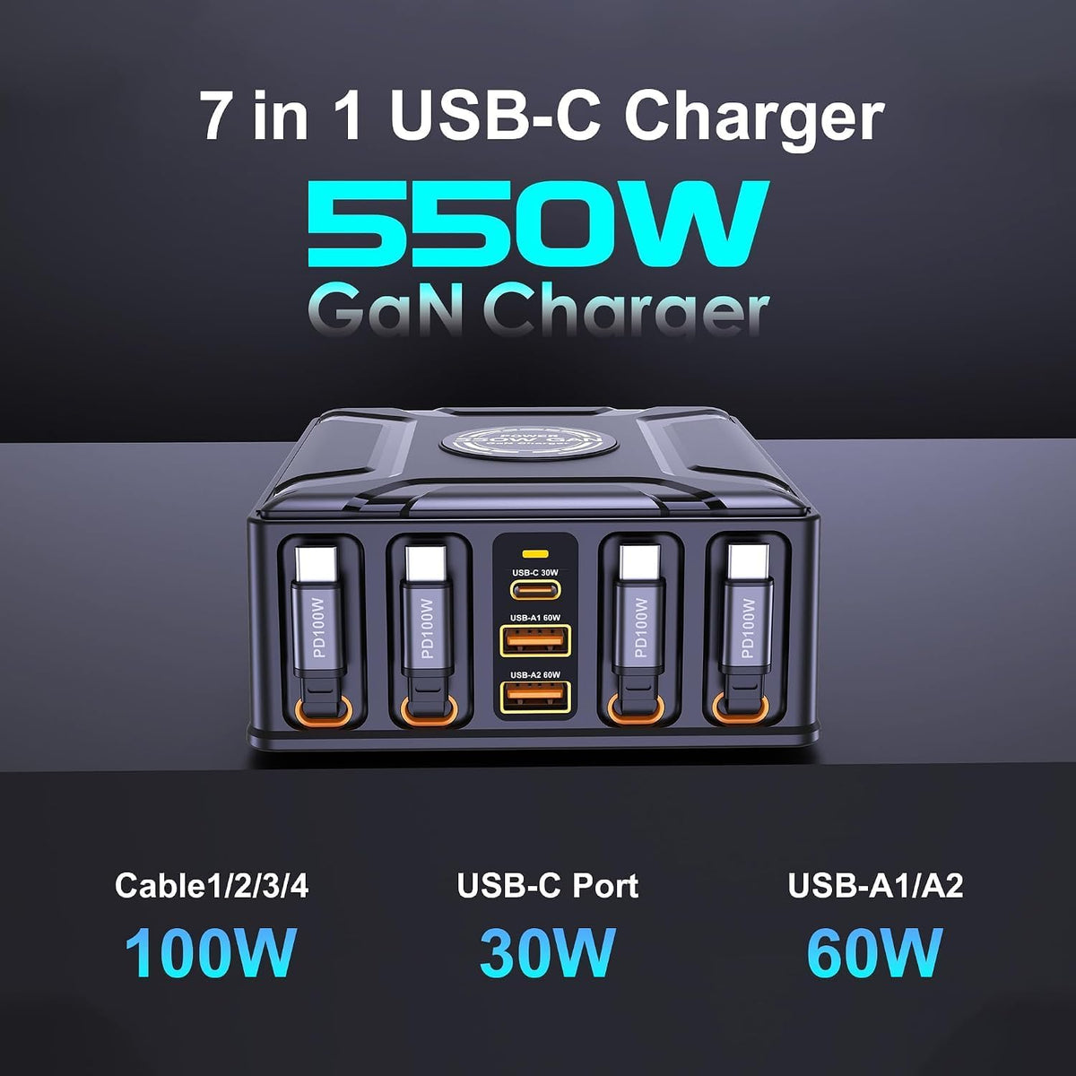 WISTAR 550W GaNIII Desktop Fast Charging Station with PD3.1 Retractable USB-C Cable Laptop Chargers Adapter for MacBook Pro/iPad/iPhone - image 3
