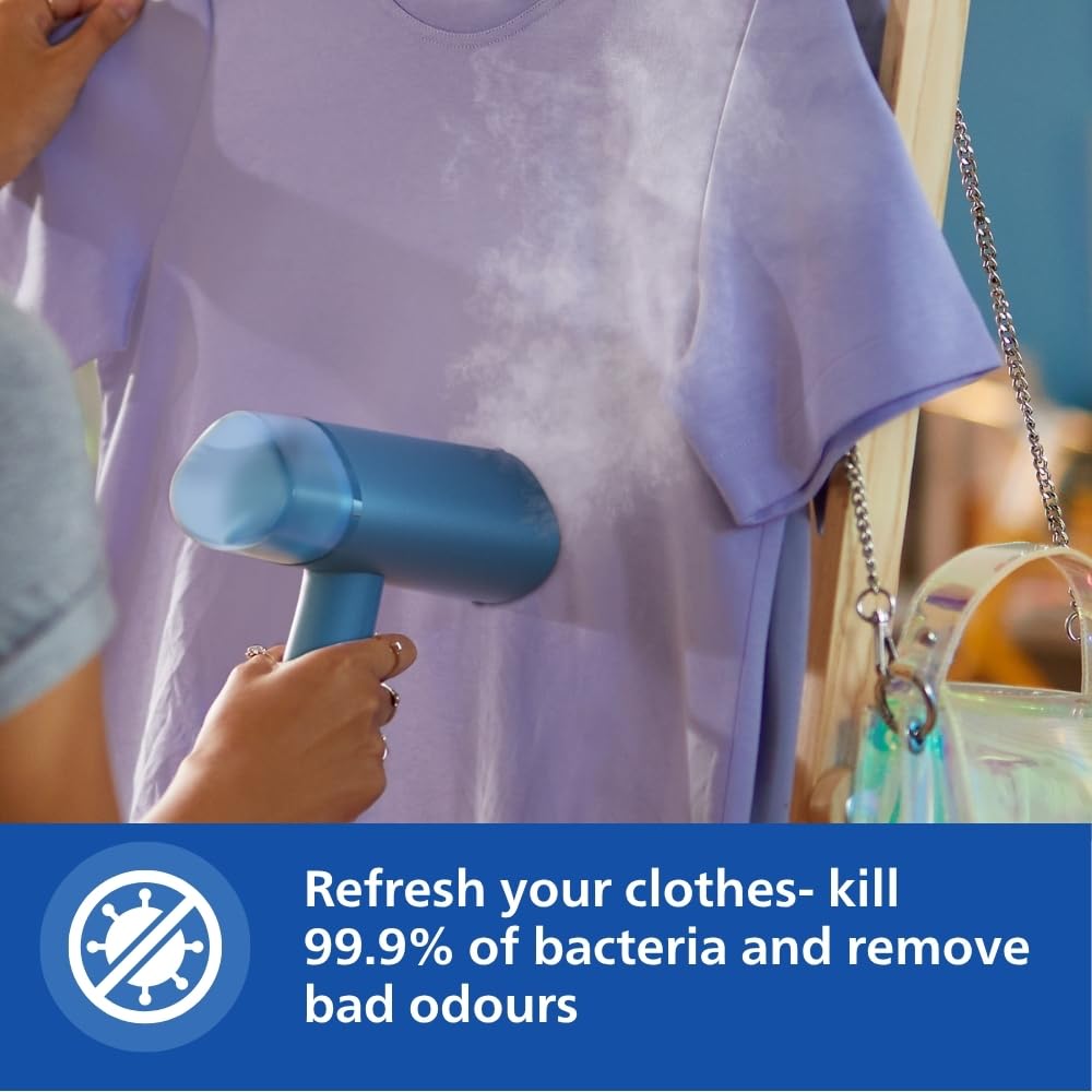 PHILIPS PHILIPS STH3000/20 Garment Steamer Perfect Rakhi Gift - Compact & Foldable, Convenient Vertical Steaming, 1000 Watt Quick Heat Up, up to 20g/min, Kills 99.9%* Bacteria (Reno Blue) - image 7