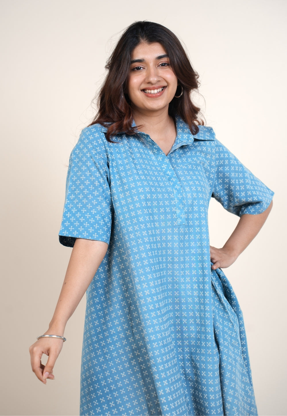 Srisha Blue Ajrakh Cotton A Line Dress