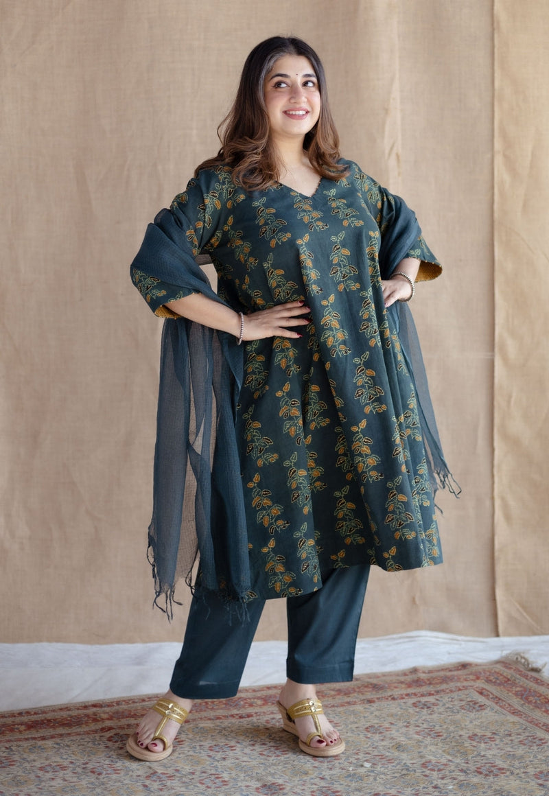 Sayali Green Ajrakh Cotton A Line Kurta with Hand Embroidery