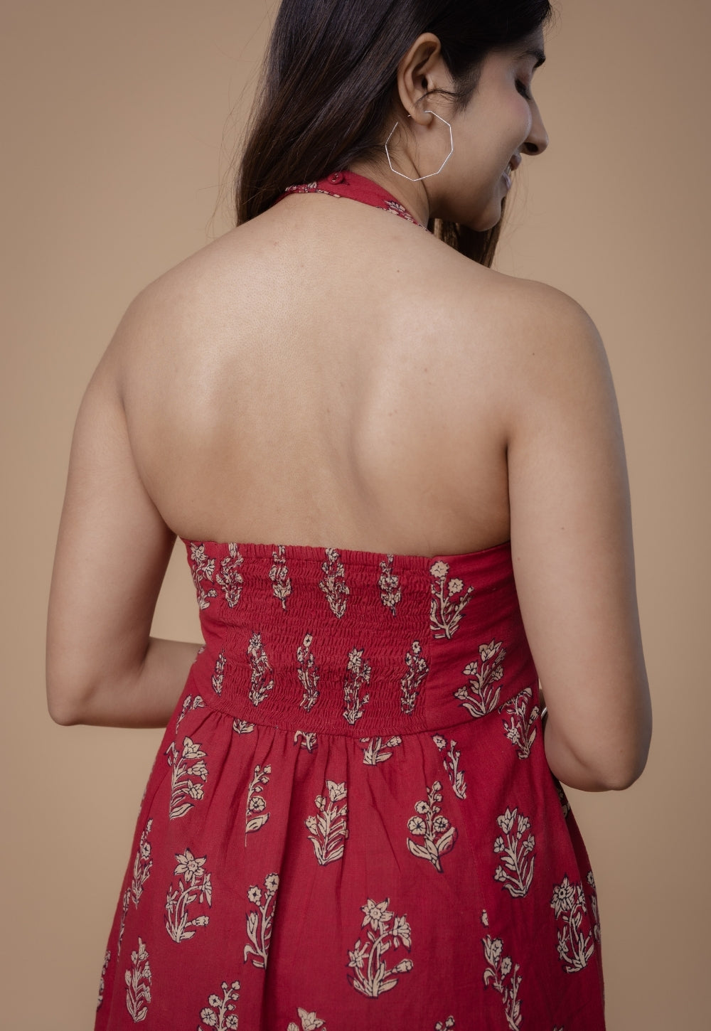 Sanyukta Red Dabu Slub Cotton A Line Dress