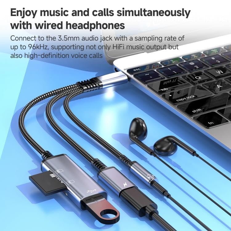WISTAR 4-in-1 USB C to 3.5mm Headphone Audio Adapter with 60W PD Fast Charging, USB OTG Dongle & TF/SD Card Reader, Hi-Res DAC Splitter Compatible FOR iPhone15/16, iPadPro, MacBook, Galaxy S23 and most - image 5