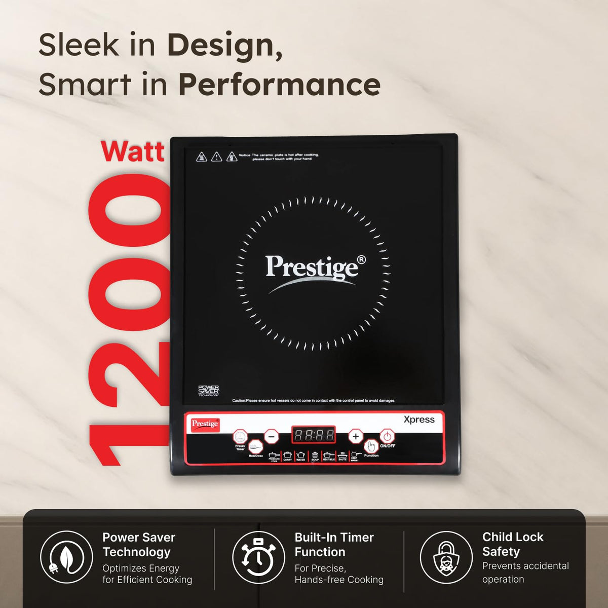 Prestige Prestige Xpress 1200W Induction Cooktop with Ceramic Plates, Black - image 3