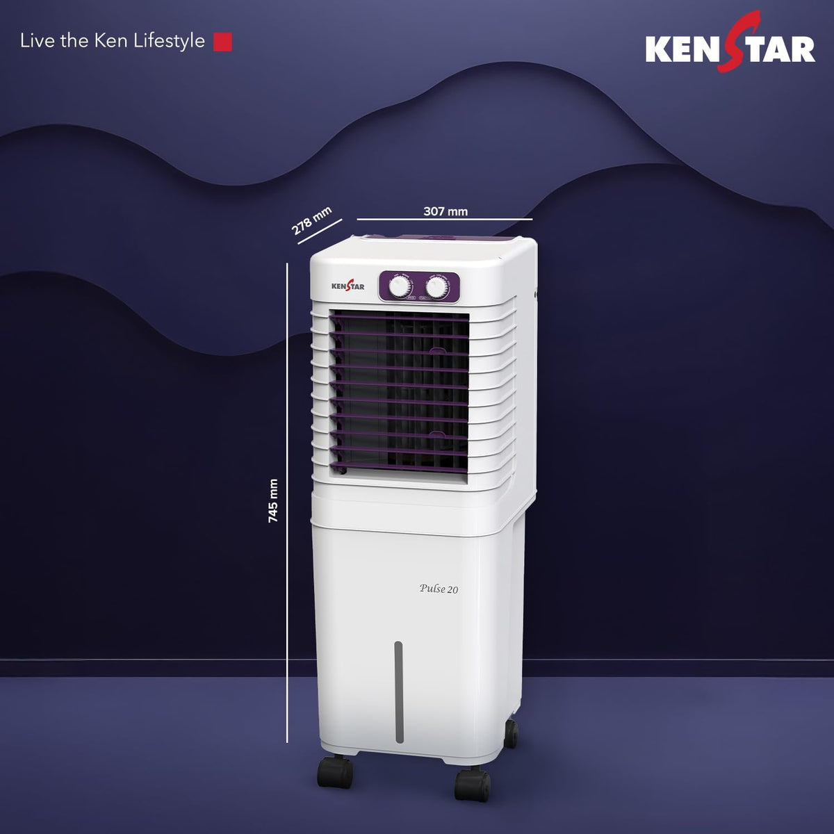 Kenstar PULSE HC 20 Portable/Room/Personal Air Cooler For Home| Honeycomb Pad |High Speed Fan |15 Ft Powerful Air Throw|Inverter compatible |Portable Cooler-Room|1-Yr Product Warranty|White & Purple 20 L
