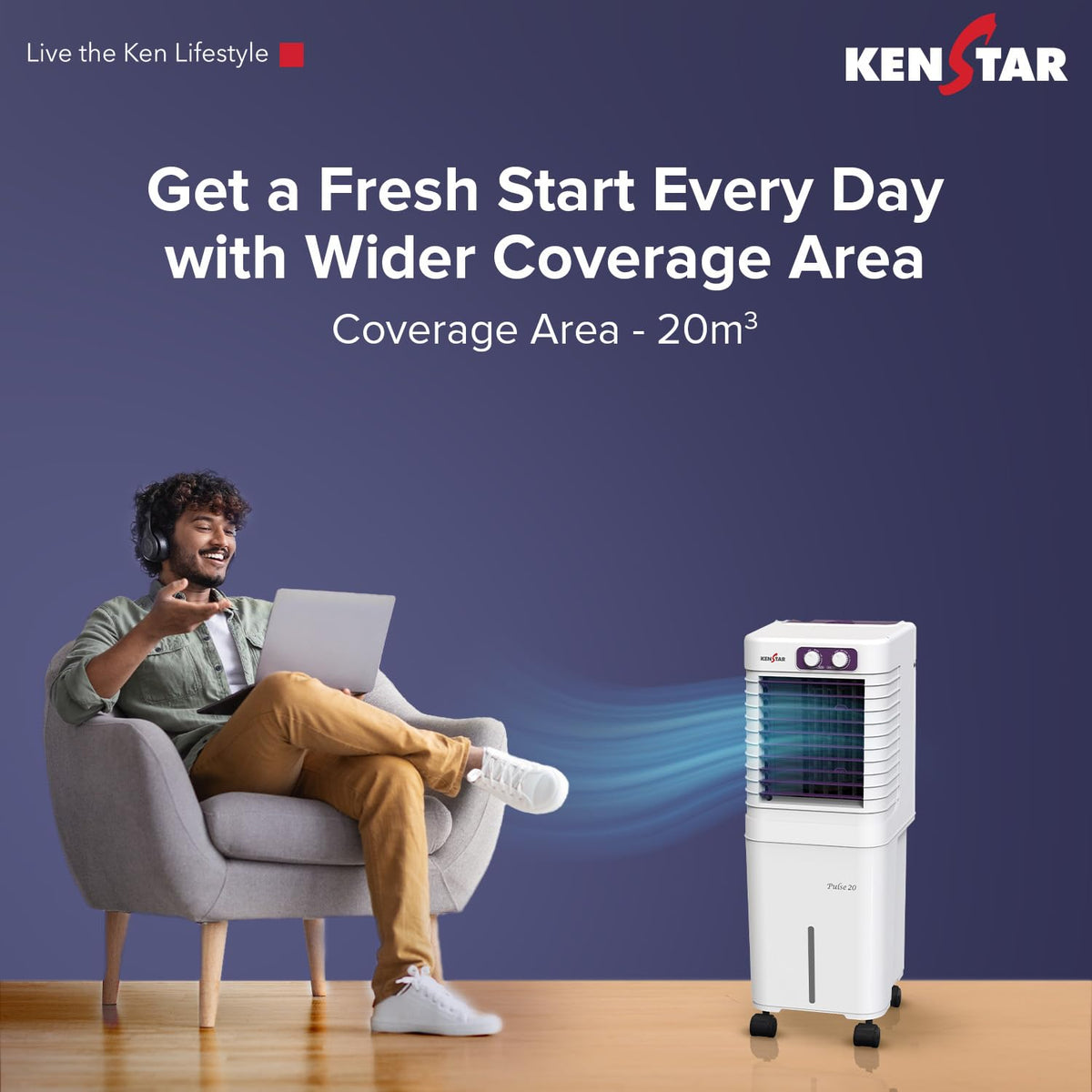 Kenstar PULSE HC 20 Portable/Room/Personal Air Cooler For Home| Honeycomb Pad |High Speed Fan |15 Ft Powerful Air Throw|Inverter compatible |Portable Cooler-Room|1-Yr Product Warranty|White & Purple 20 L