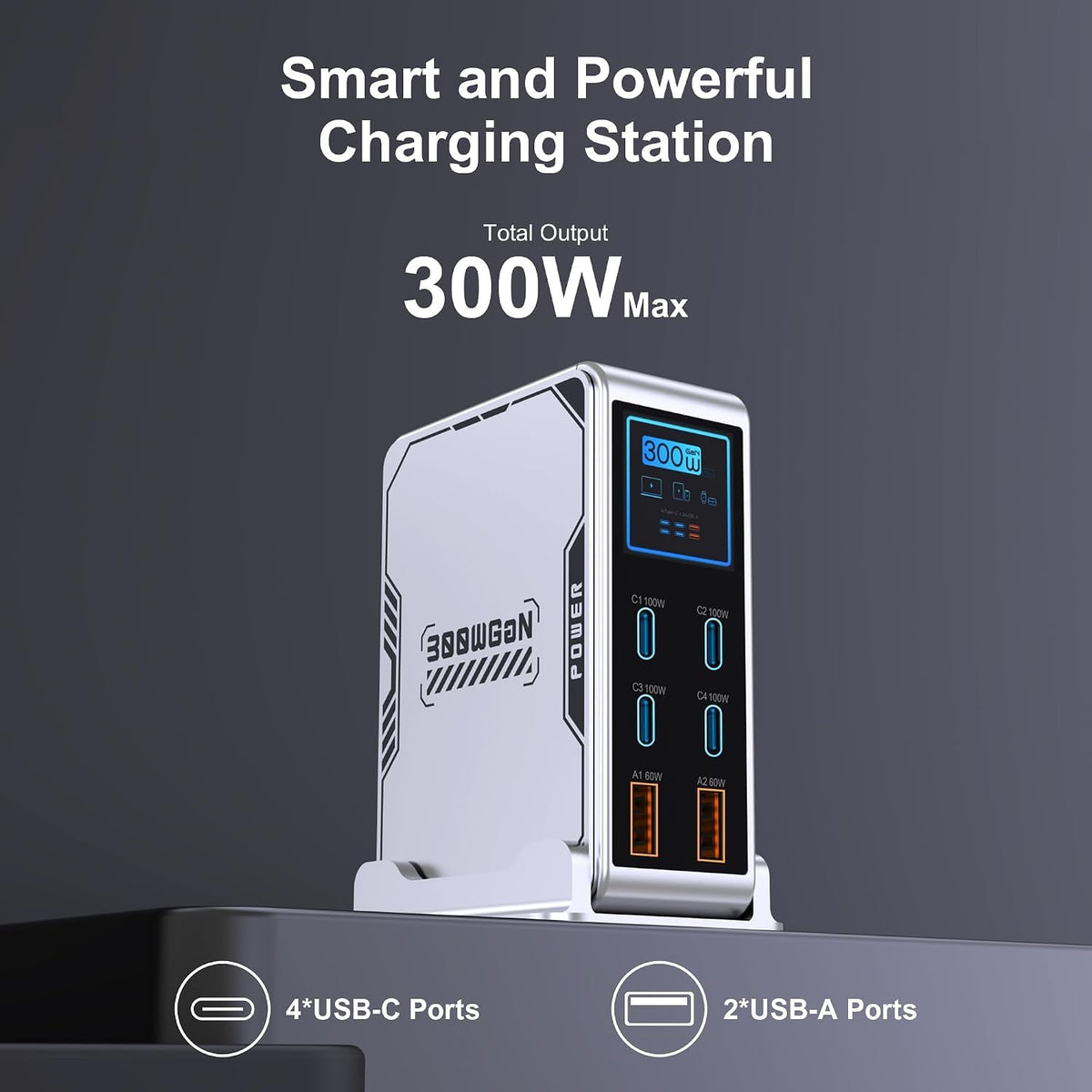 WISTAR WISTAR 300W Fast USB C Charging Station, 6-Port GaN Desktop Charger, 4C+2A Multi-Port Charger with TFT LCD Power Display, 100W PD 3.0, PPS, QC Fast Charge for MacBook - image 6